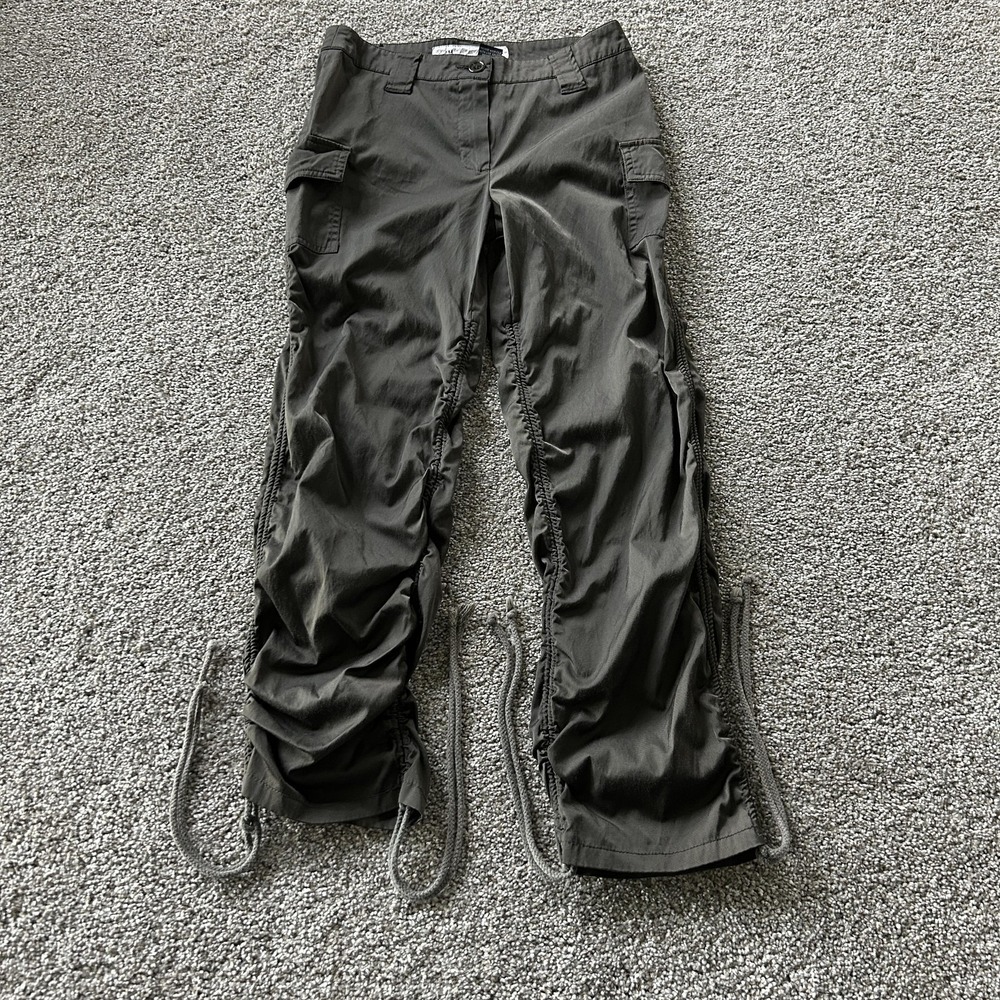 Y2K V Jeans Cargo Pants Womens 12 Green Nylon Blend Ruched Straight Leg Stretch